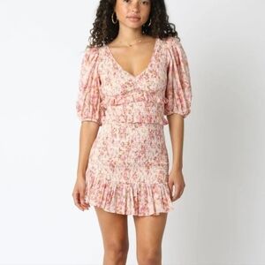 Olivaceous Pink Floral Smocked Ruffle Detail Half Sleeve V Cut Neck Mini Dress